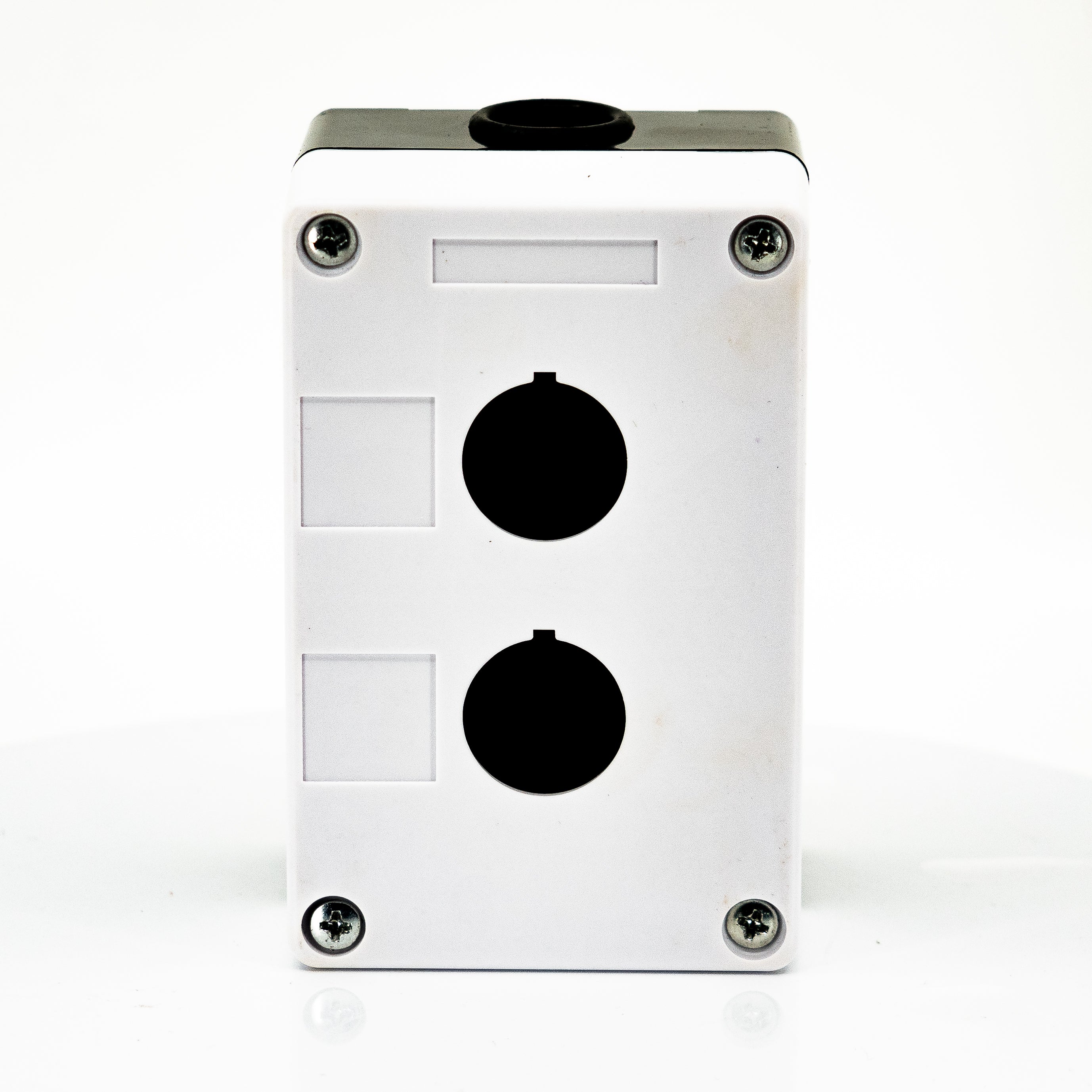 Caja en material de plastico, 2 orificios, para unidades de 22mm, base negra cubierta blanca