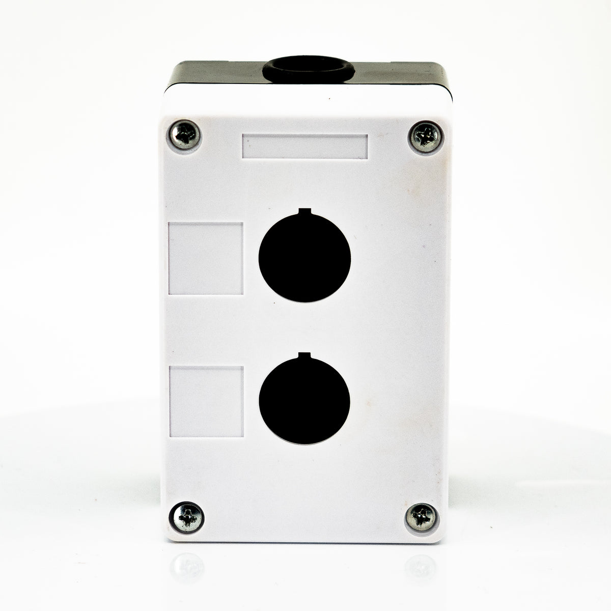 Caja en material de plastico, 2 orificios, para unidades de 22mm, base negra cubierta blanca