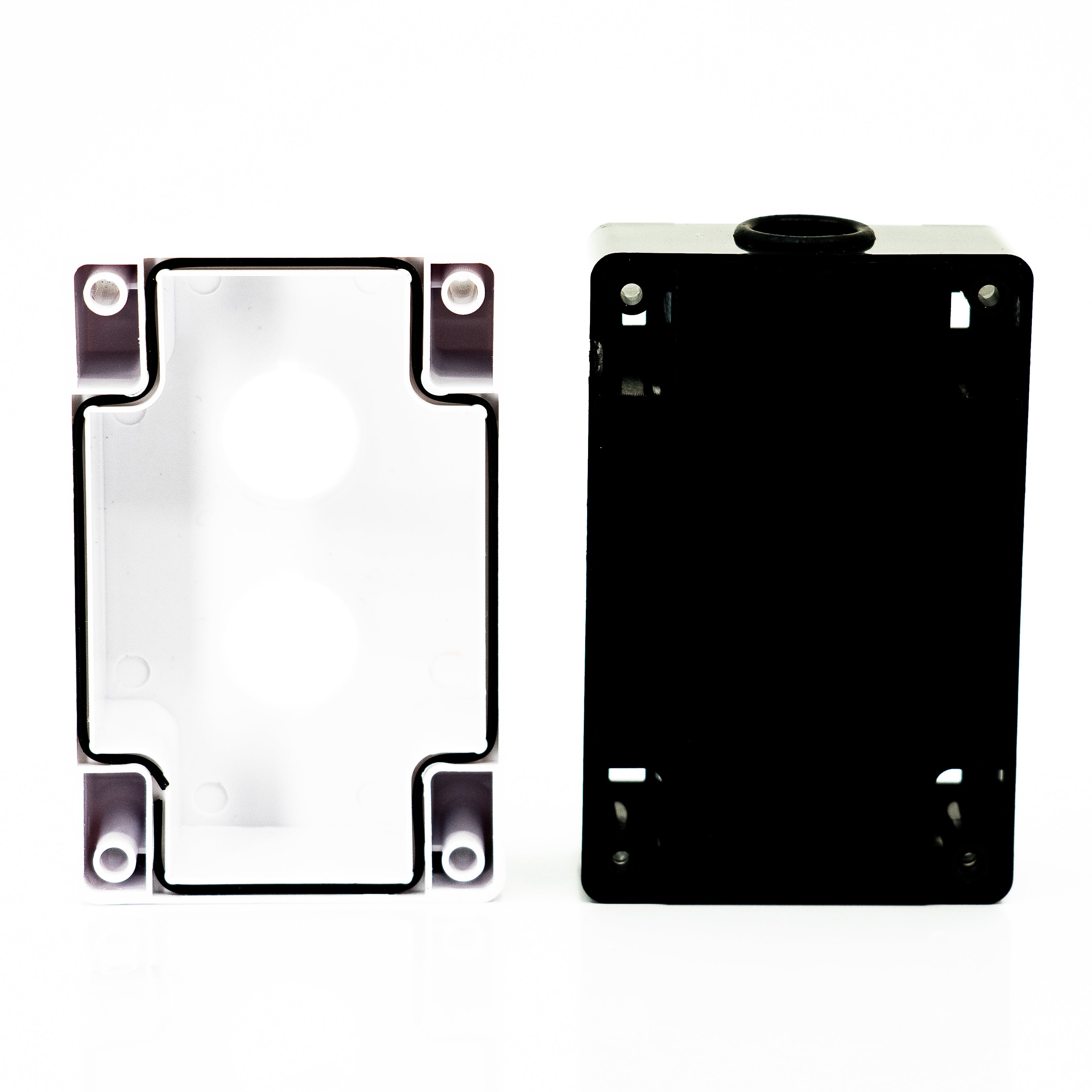 Caja en material de plastico, 2 orificios, para unidades de 22mm, base negra cubierta blanca