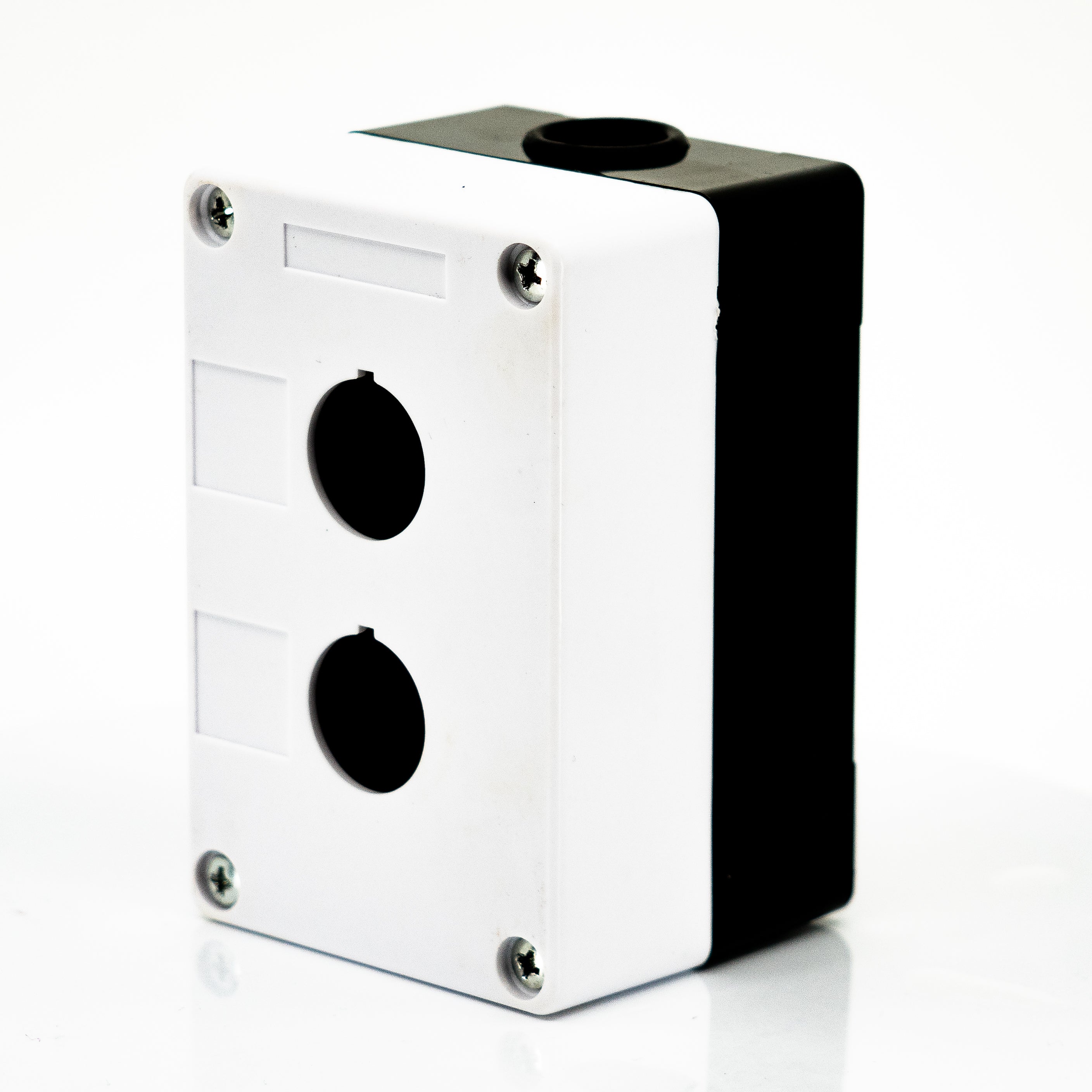 Caja en material de plastico, 2 orificios, para unidades de 22mm, base negra cubierta blanca