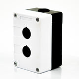 Caja en material de plastico, 2 orificios, para unidades de 22mm, base negra cubierta blanca