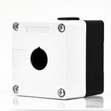 Caja en material de plastico, 1 orificio, para unidades de 22mm, base negra cubierta blanca