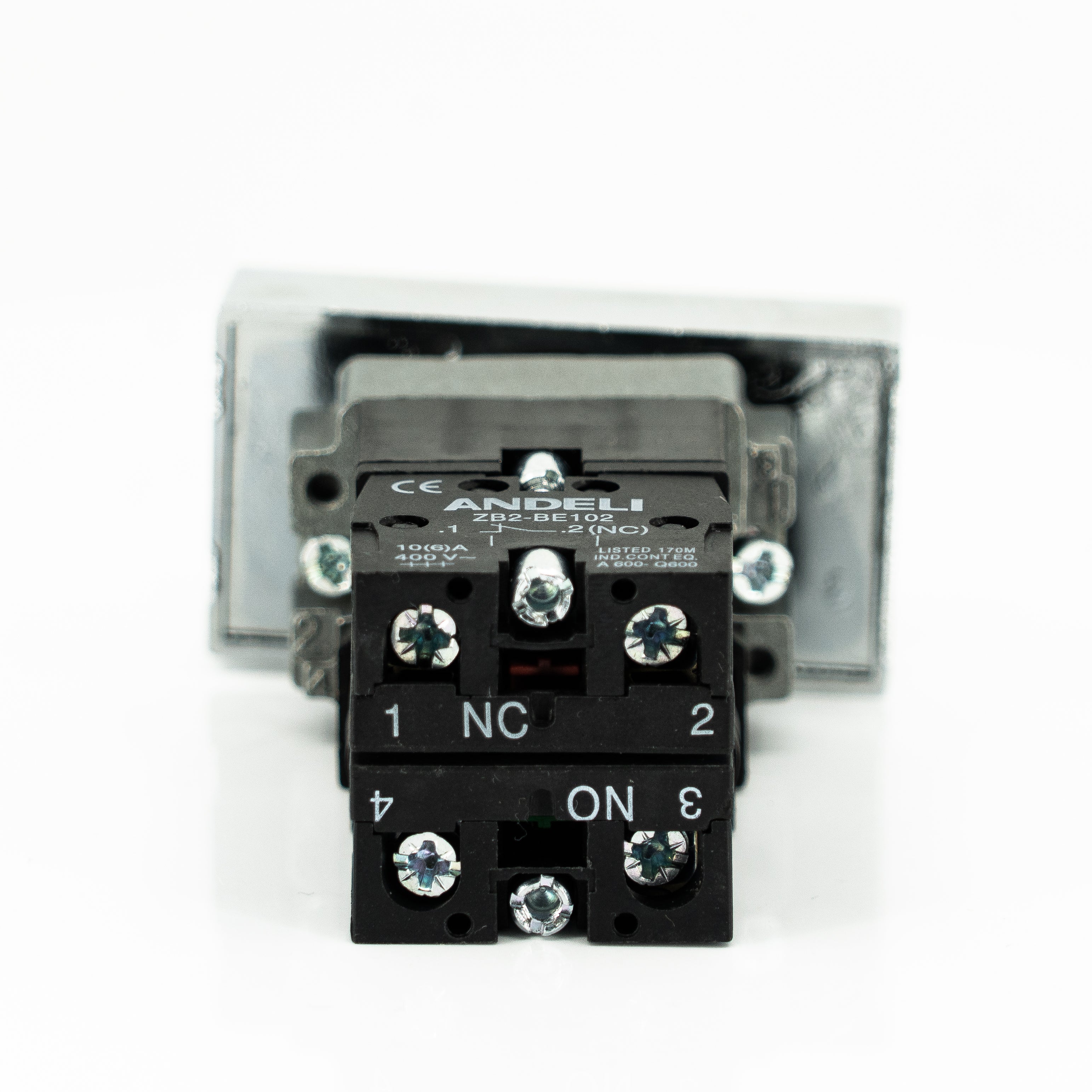 Pulsador doble, iluminado, bastidor metálico, 1CNA + 1CNC, 10A/400VCA resistivos (incluye foco ba9s)