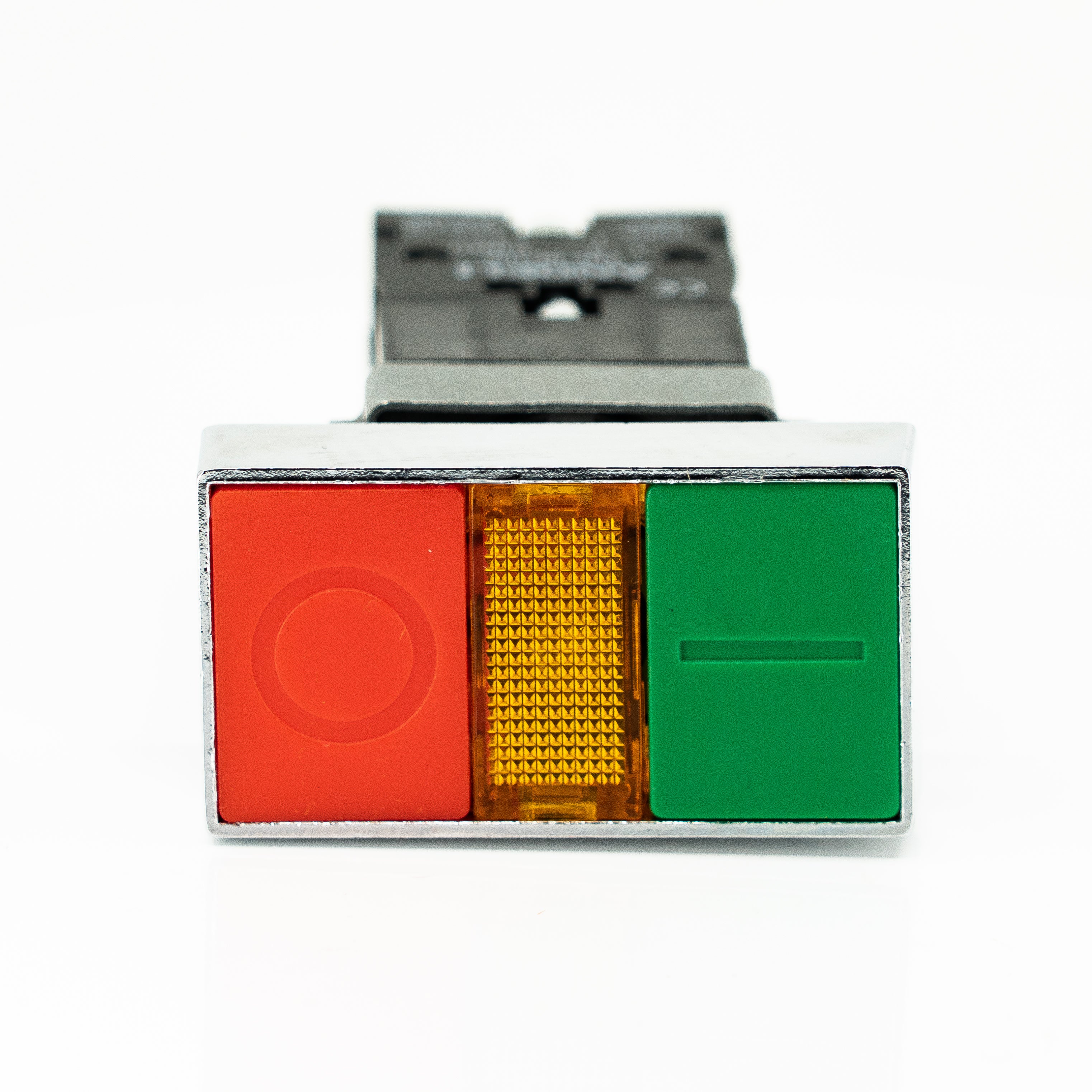 Pulsador doble, iluminado, bastidor metálico, 1CNA + 1CNC, 10A/400VCA resistivos (incluye foco ba9s)