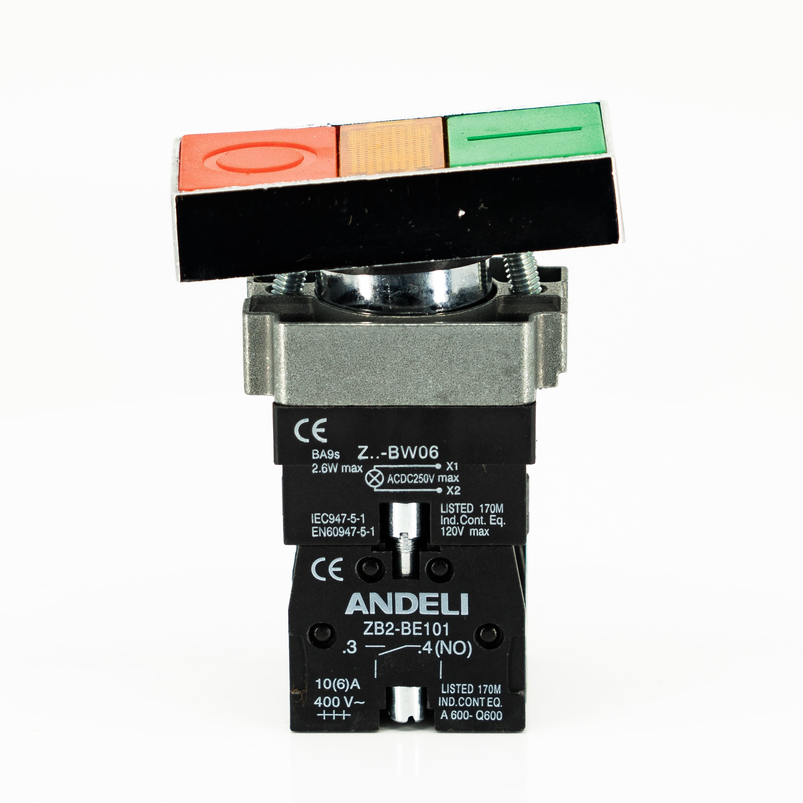 Pulsador doble, iluminado, bastidor metálico, 1CNA + 1CNC, 10A/400VCA resistivos (incluye foco ba9s)