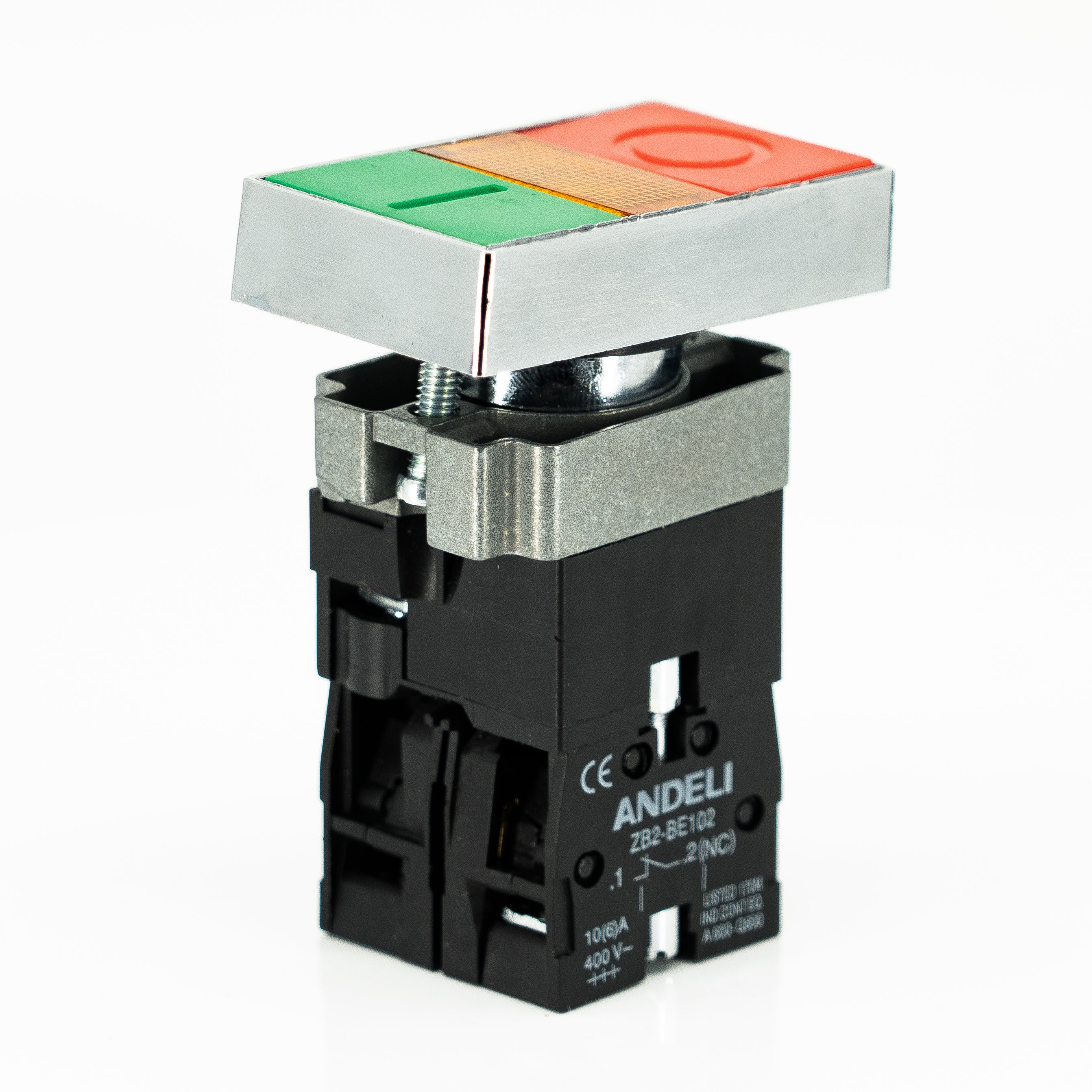 Pulsador doble, iluminado, bastidor metálico, 1CNA + 1CNC, 10A/400VCA resistivos (incluye foco ba9s)