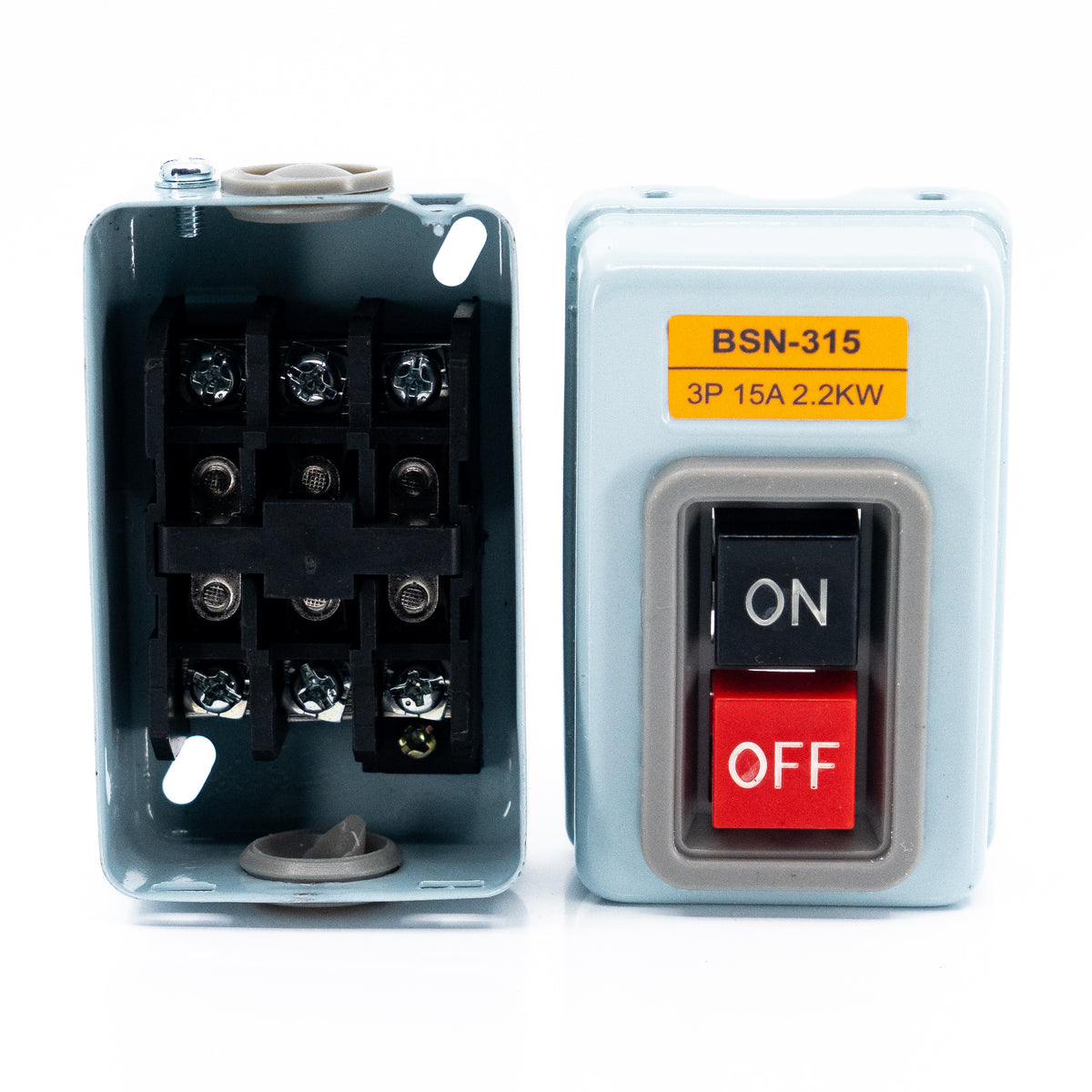 Arrancador manual trifásico, 15 Amp, en gabinete metálico, 2 botones negro y rojo (Arrancar - Parar)